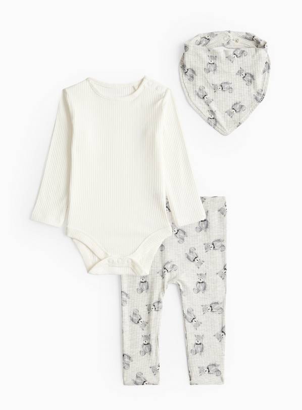 Grey Teddy Bear Print Bib, Bodysuit & Leggings Set  3-6 months